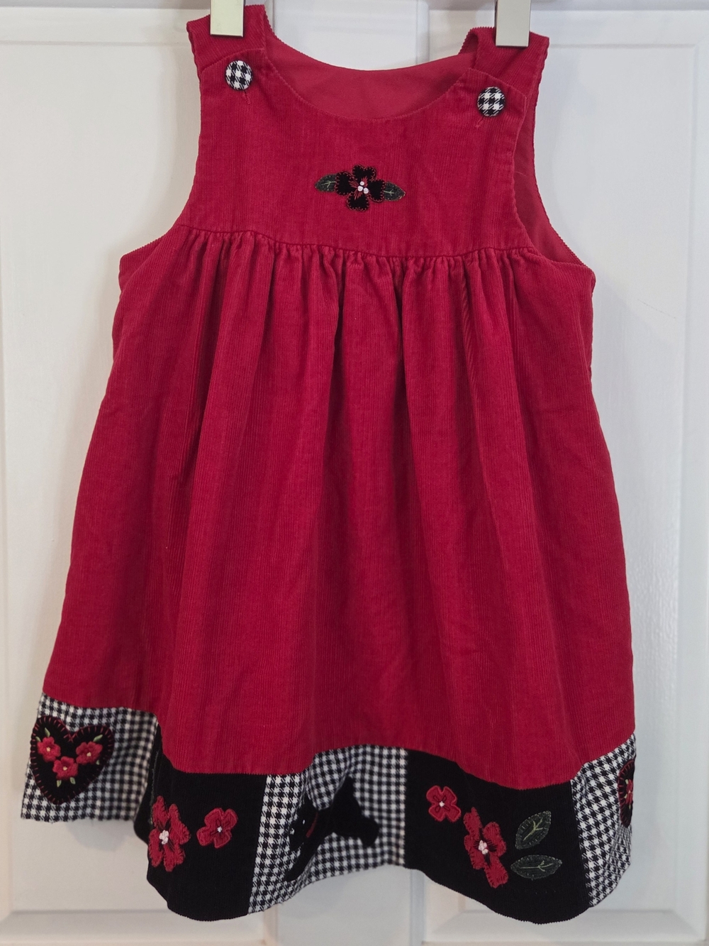 Girls Red Corduroy Dress with Floral Trim
